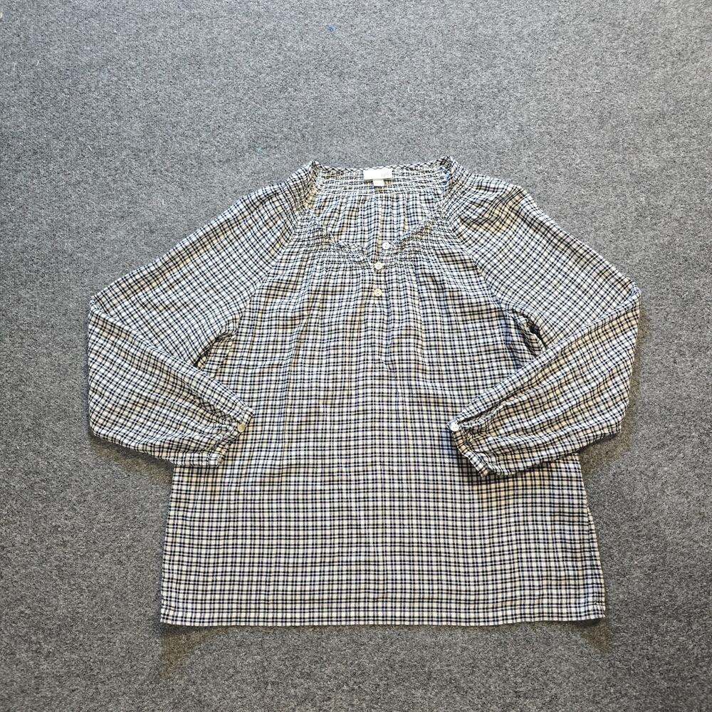 J Jill Top Womens Size Large White Black Plaid Henley Long Sleeve Casual Career